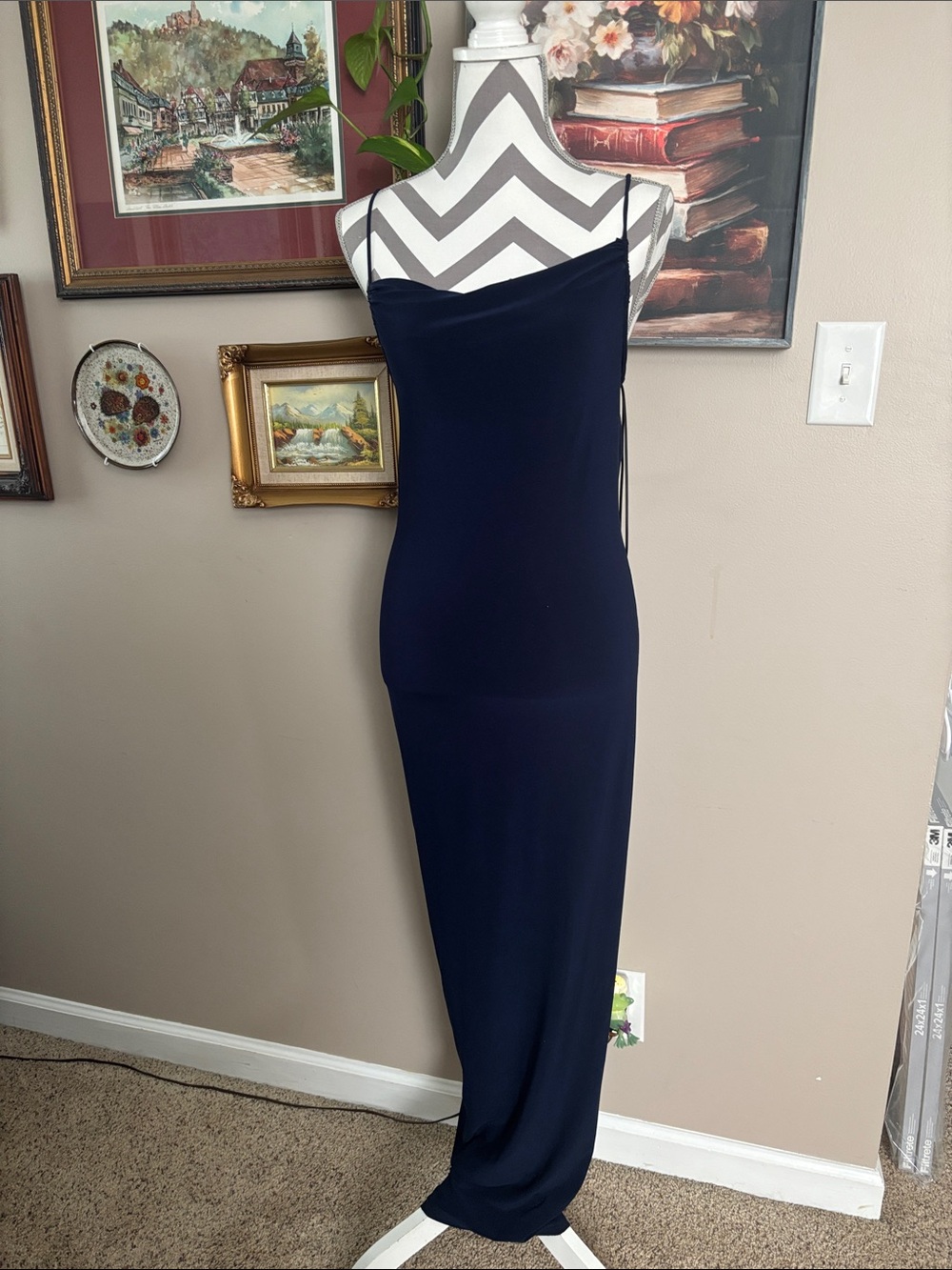 bebe Navy Blue Maxi Slip Dress with Spaghetti Straps